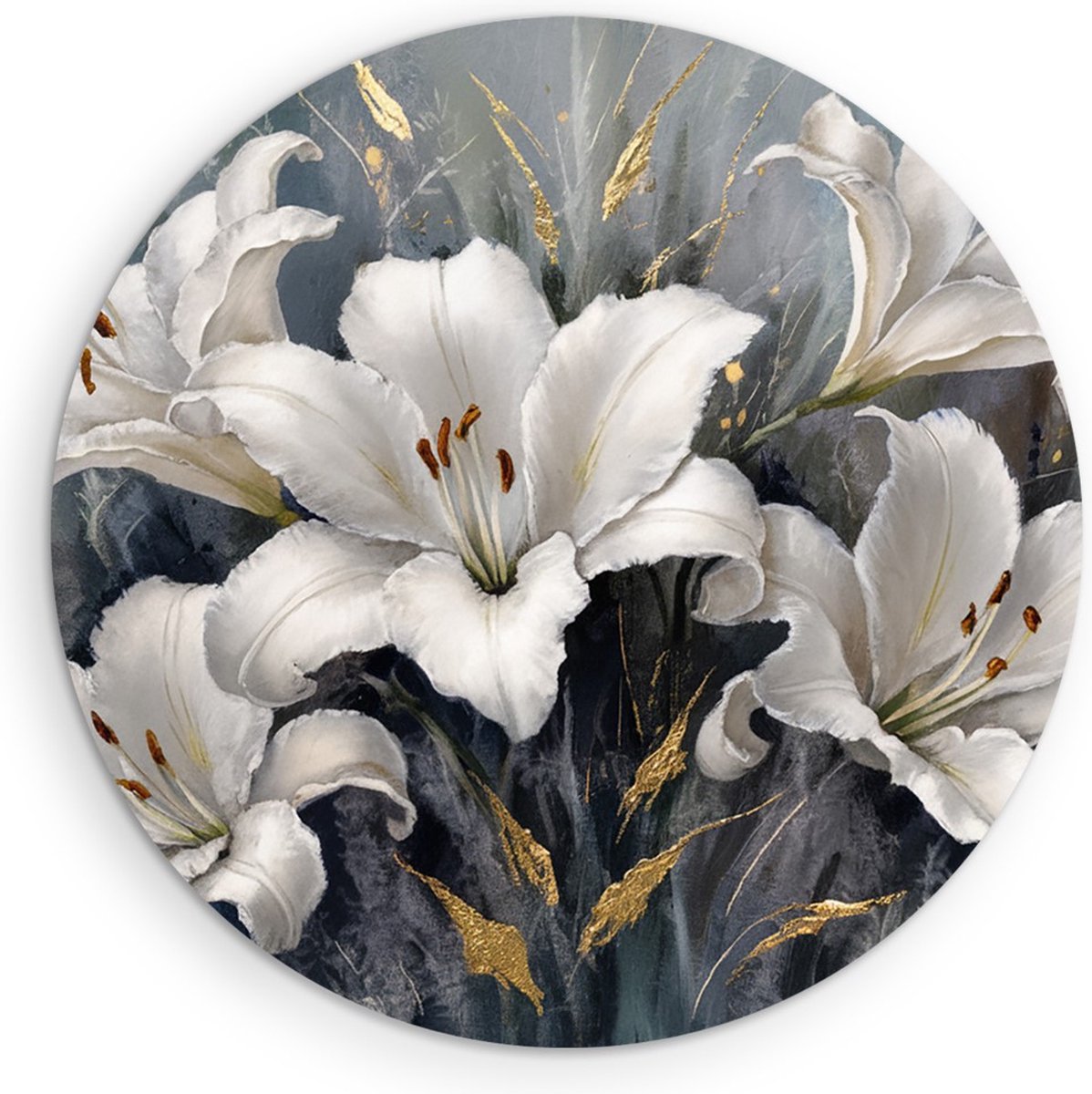 Saammp Muurcirkel Hout - Witte Bloemen met goud - blauw - Bloemen - Abstract - Ø 70 - Wandcirkel - Wanddecoratie Cirkel - Muurdecoratie Woonkamer - Kantoor Decoratie