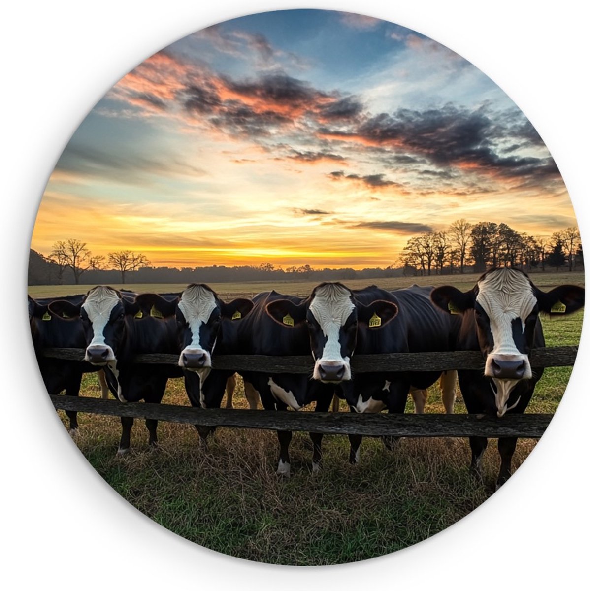 Saammp Muurcirkel Hout - Koeien bij een hek - Dieren - Natuur - Ø 80 - Wandcirkel - Wanddecoratie Cirkel - Muurdecoratie Woonkamer - Slaapkamer decoratie - Rond Schilderij