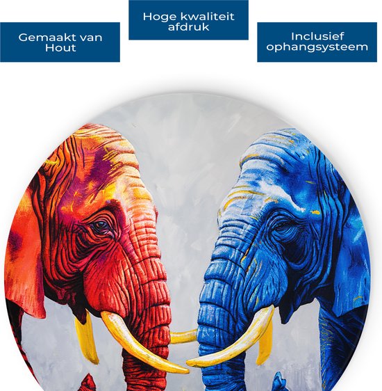 Saammp Muurcirkel Hout - Olifant - Rood - Blauw - Dieren - Ø 90 - Wandcirkel - Wanddecoratie Cirkel - Muurdecoratie Woonkamer - Slaapkamer decoratie - Rond Schilderij
