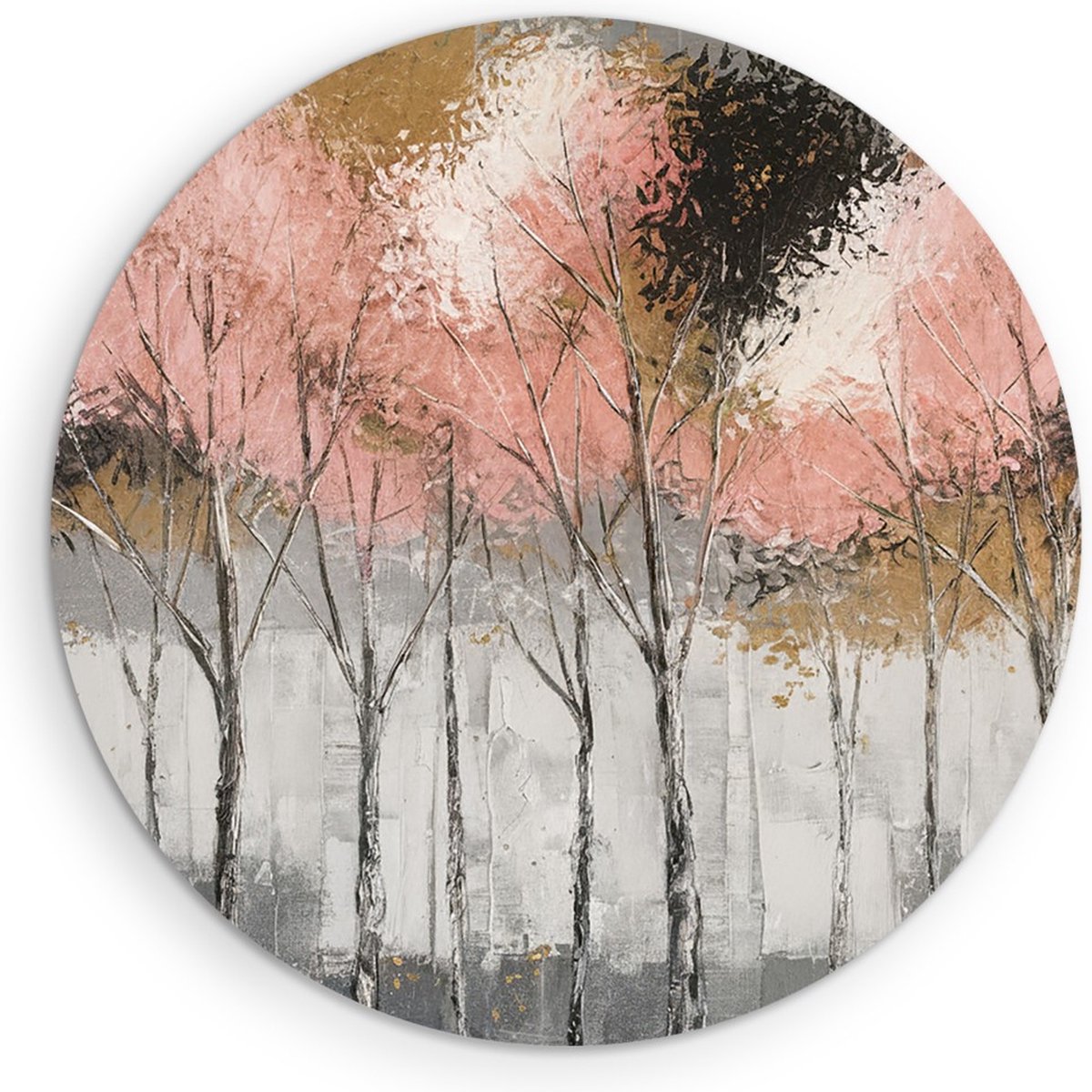 Saammp Muurcirkel Hout - Bomen - Roze -Goud - Zwart - Bloemen - Landschap - Natuur - Ø 90 - Wandcirkel - Wanddecoratie Cirkel - Muurdecoratie Woonkamer - Slaapkamer decoratie - Rond Schilderij
