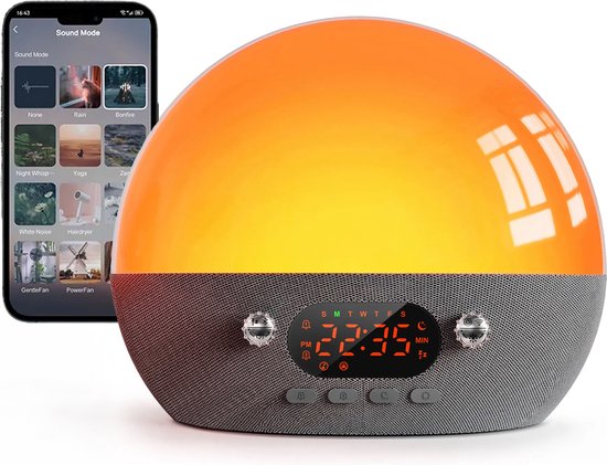 Multifunctionele Wake Up Light – White Noise Machine – Digitale Wekker – Lichtwekker – Nachtlamp en Slaaptrainer – Met USB aansluiting – Inclusief App