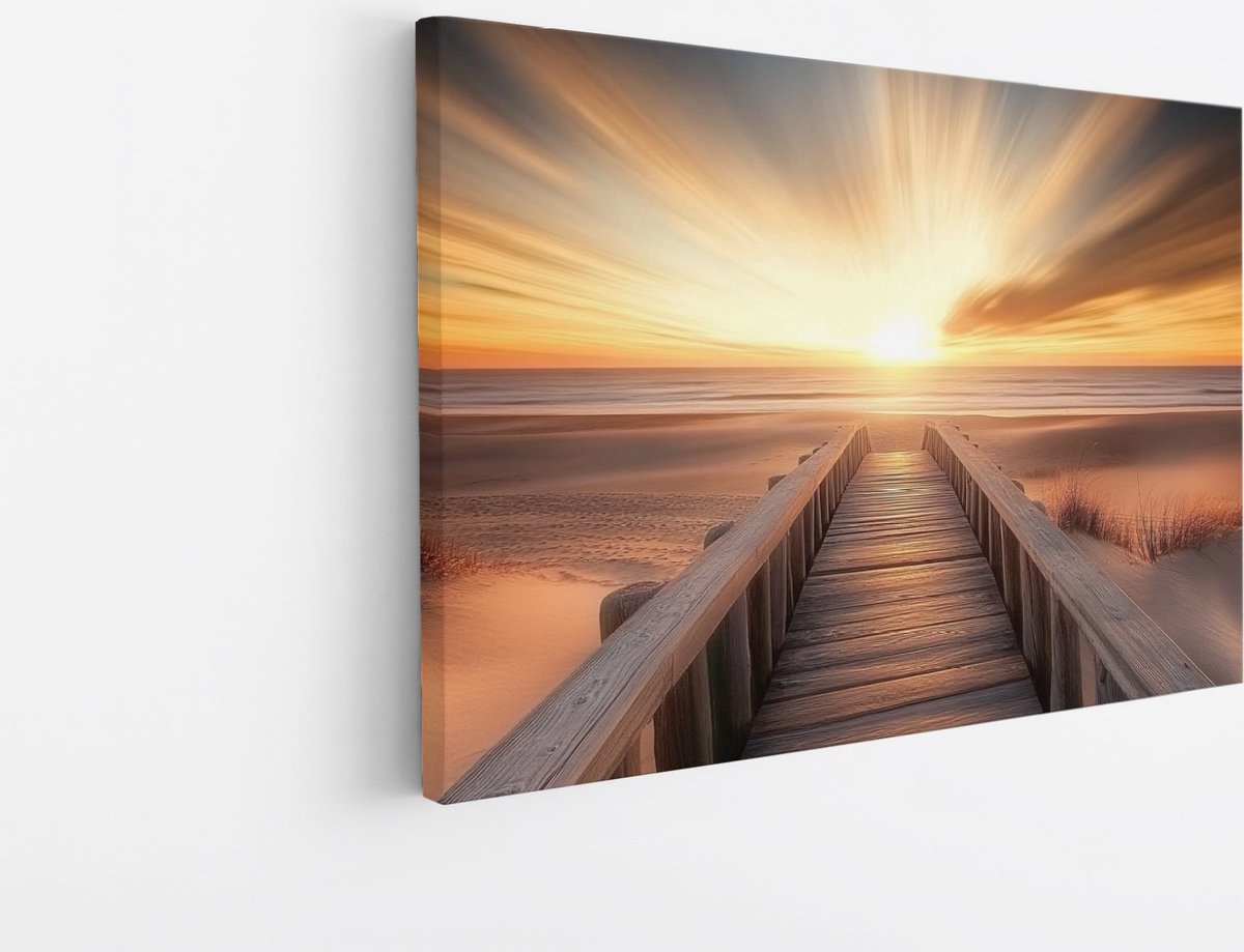 Saammp Canvas Schilderij - Natuur - Brug naar het strand met zonsondergang- landschap - 40x30 - Foto op canvas - Wanddecoratie - Muurdecoratie Woonkamer - Slaapkamer decoratie - Canvas Print Multicolor