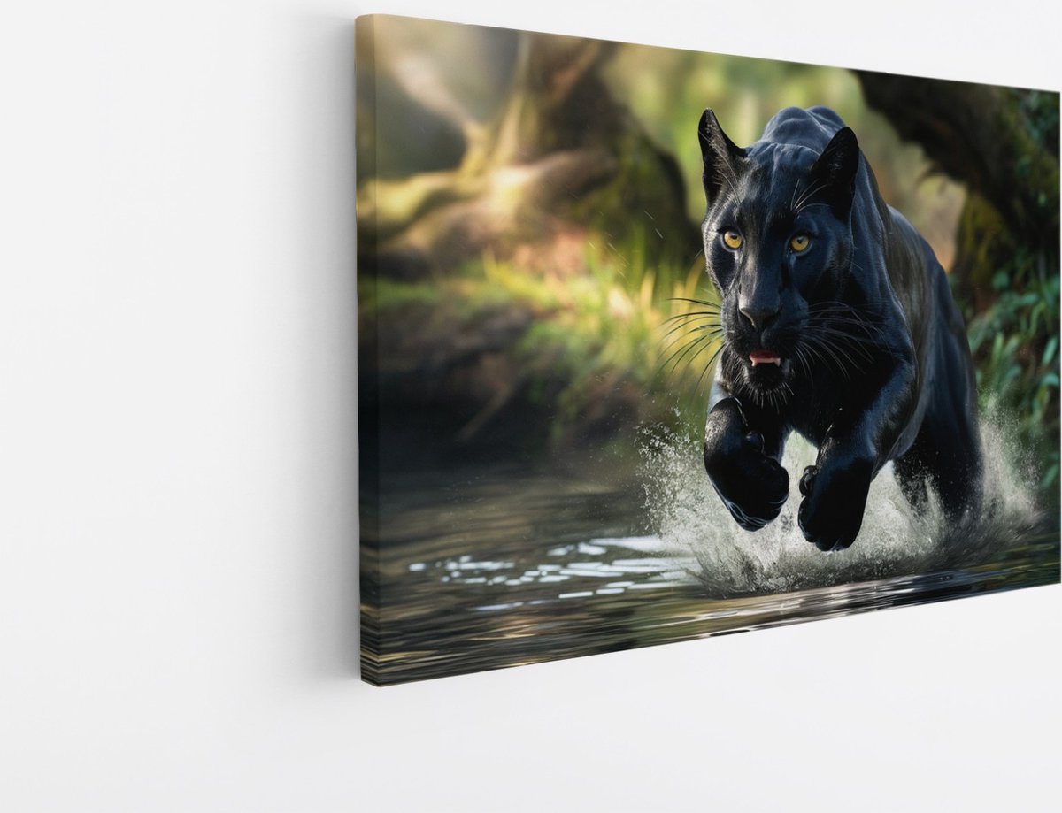 Saammp Canvas Schilderij - Zwarte Panter in het water - Natuur - Dieren - 120x80 - Foto op canvas - Wanddecoratie - Muurdecoratie Woonkamer - Slaapkamer decoratie - Canvas Print Multicolor