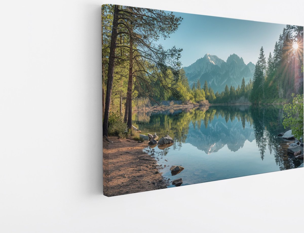 Saammp Canvas Schilderij - Bergen - Zon - Meer - botanisch - Landschap - Natuur - 50x40 - Foto op canvas - Wanddecoratie - Muurdecoratie Woonkamer - Slaapkamer decoratie - Canvas Print Multicolor