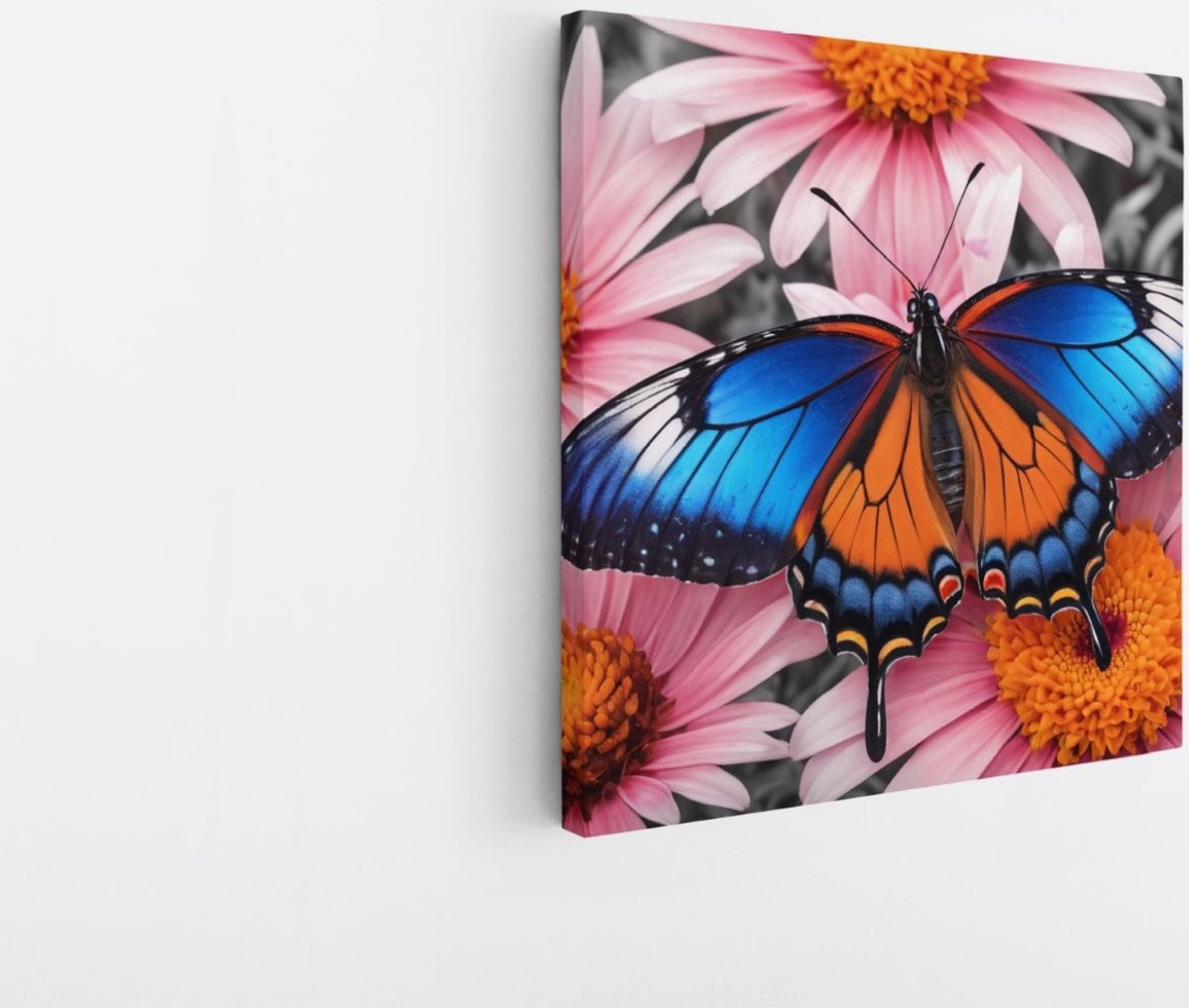 Saammp Canvas Schilderij -Vlinder bij roze bloem - Dieren - Natuur - 20x20 - Foto op canvas - Wanddecoratie - muurdecoratie Woonkamer - Slaapkamer decoratie - Canvas Print Multicolor
