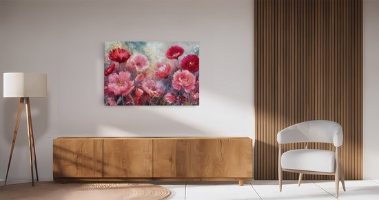 Saammp Canvas Schilderij - Roze met rode bloemen - Abstract - 30x20 - Foto op canvas - Wanddecoratie - Muurdecoratie Woonkamer - Kantoor Decoratie