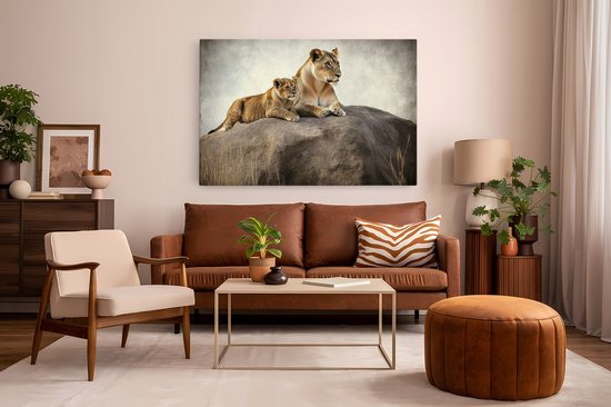 Saammp Canvas Schilderij - Leeuw met welp op steen - Dieren - Natuur - 30x20 - Foto op canvas - Wanddecoratie - Muurdecoratie Woonkamer - Slaapkamer decoratie - Canvas Print