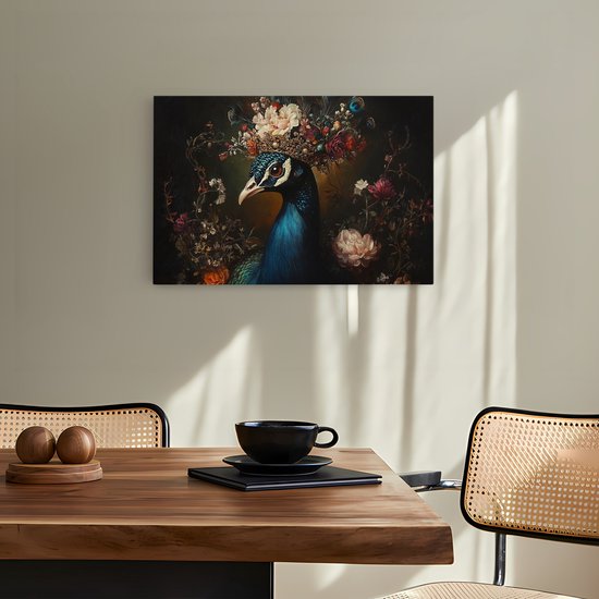 Saammp Canvas Schilderij - Pauw met kroon - Bloemen - Dieren - Natuur - 60x40 - Foto op canvas - Wanddecoratie - muurdecoratie Woonkamer - Slaapkamer decoratie - Canvas Print