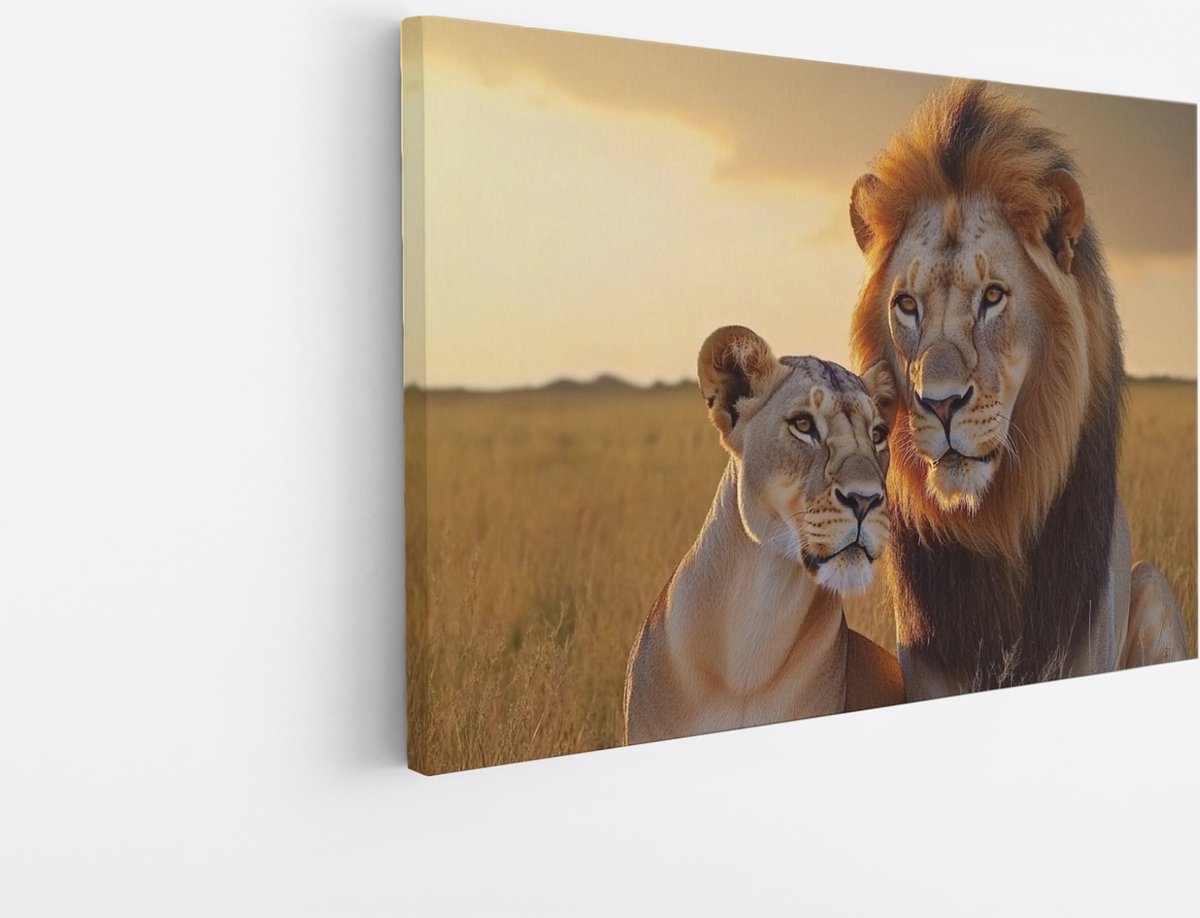 Saammp Canvas Schilderij - Leeuw en Leeuwin in serangeti - Dieren - Natuur - 90x60 - Foto op canvas - Wanddecoratie - Muurdecoratie Woonkamer - Slaapkamer decoratie - Canvas Print Multicolor