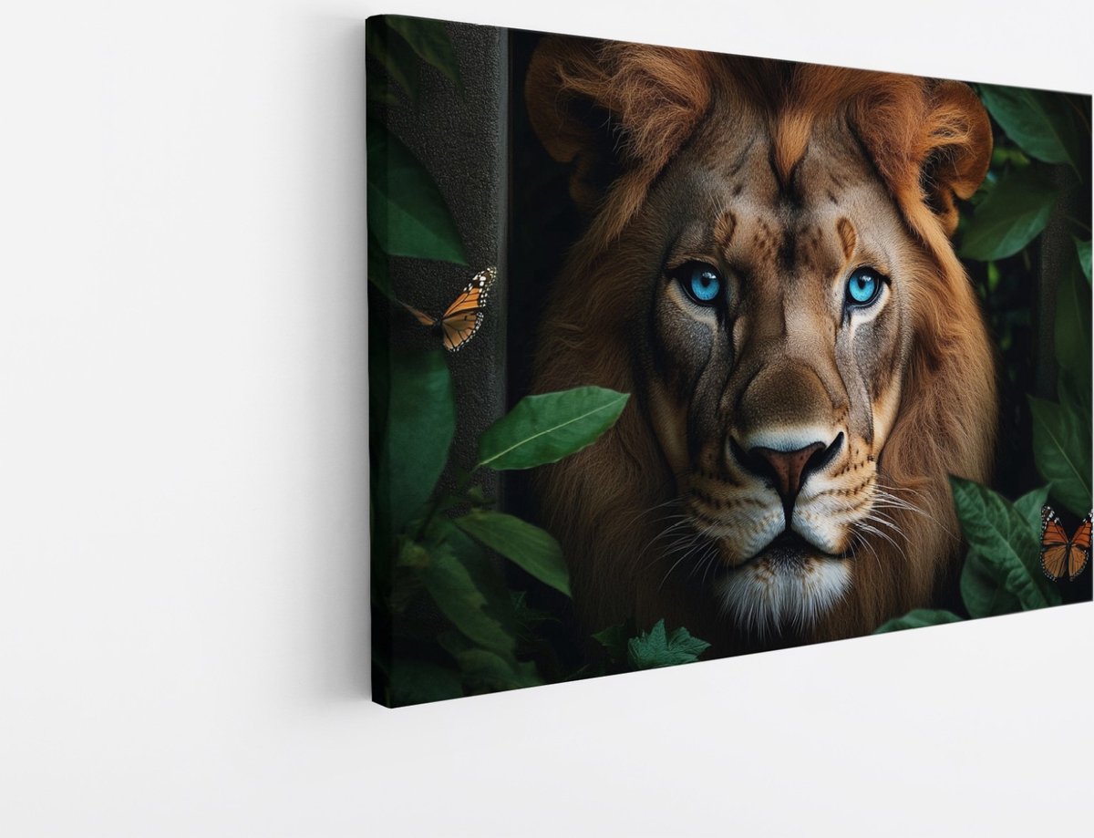Saammp Canvas Schilderij - Leeuw met blauwe ogen en bladeren - Dieren - Abstract - 40x30 - Foto op canvas - Wanddecoratie - Muurdecoratie Woonkamer - Slaapkamer decoratie - Canvas Print Multicolor