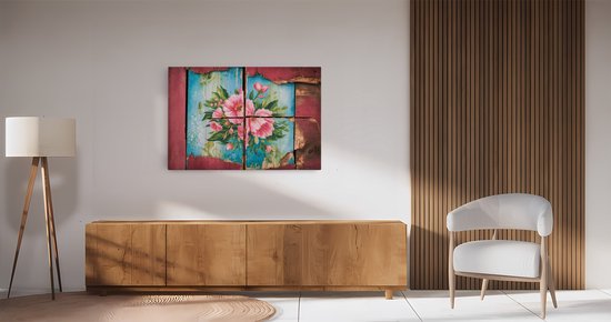 Saammp Canvas Schilderij - Bloemen op hout - Abstract - 60x40 - Foto op canvas - Wanddecoratie - Muurdecoratie Woonkamer - Kantoor Decoratie