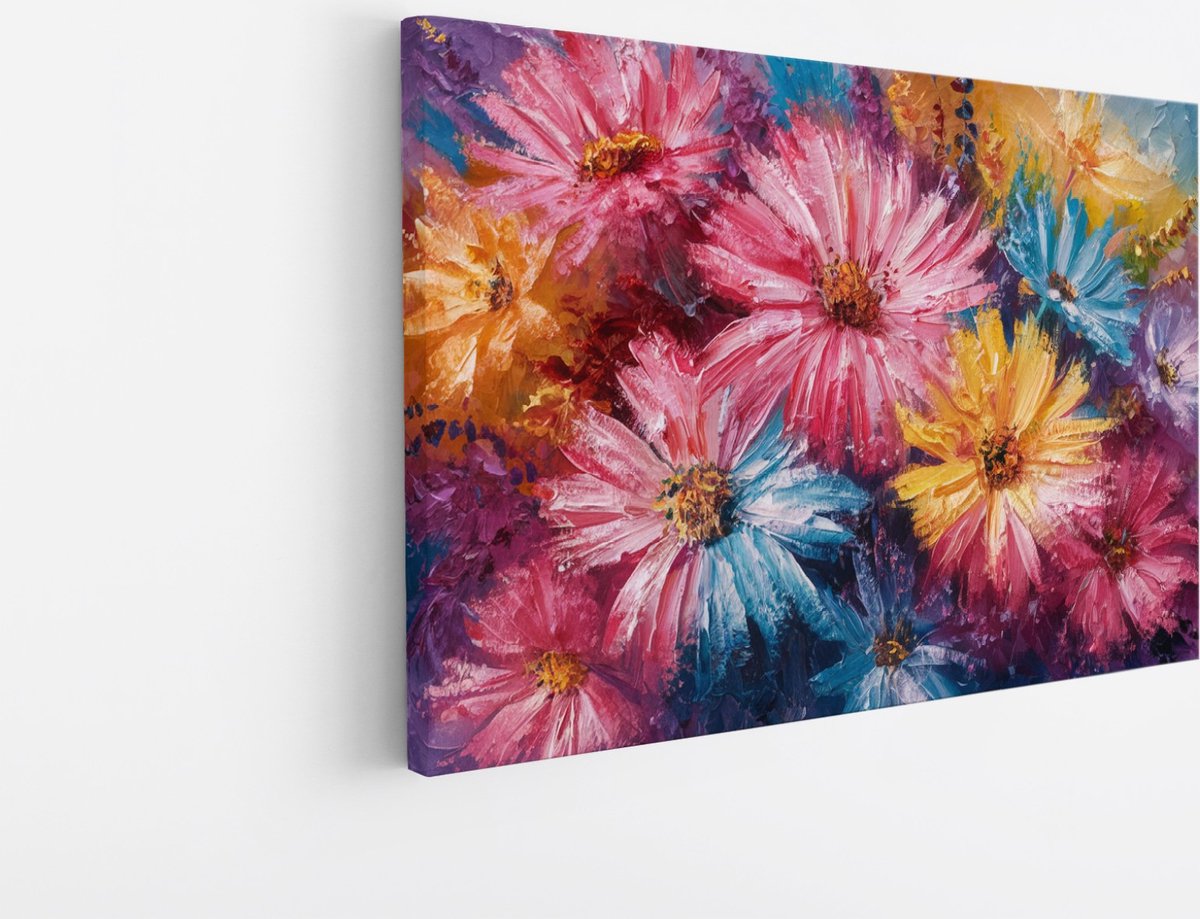 Saammp Canvas Schilderij - Roze - Geel - Bloemen - Abstract - 60x40 - Foto op canvas - Wanddecoratie - Muurdecoratie Woonkamer - Kantoor Decoratie Multicolor