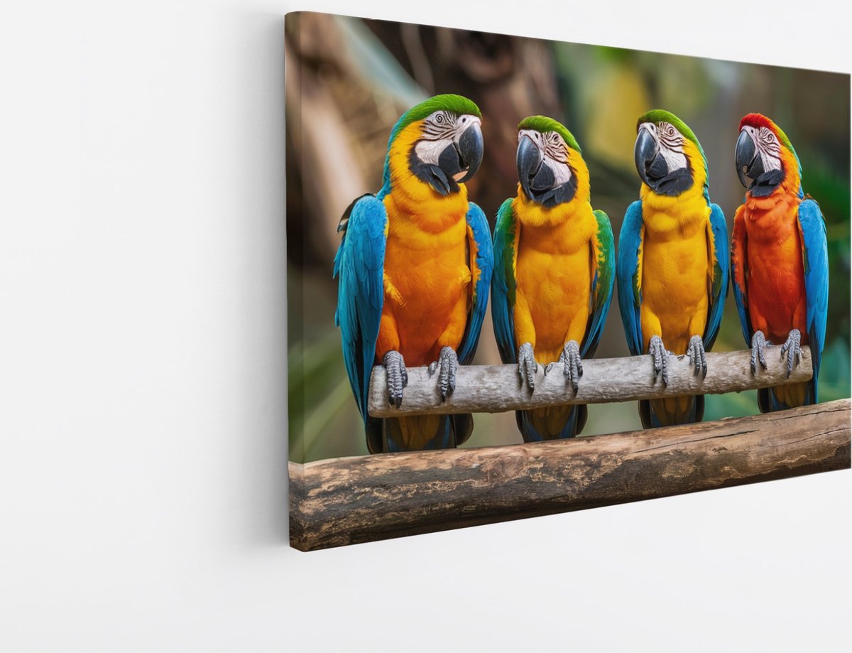 Saammp Canvas Schilderij - 4 papegaaien op tak - Dieren - Bloemen - 90x60 - Foto op canvas - Wanddecoratie - muurdecoratie Woonkamer - Slaapkamer decoratie - Canvas Print Multicolor