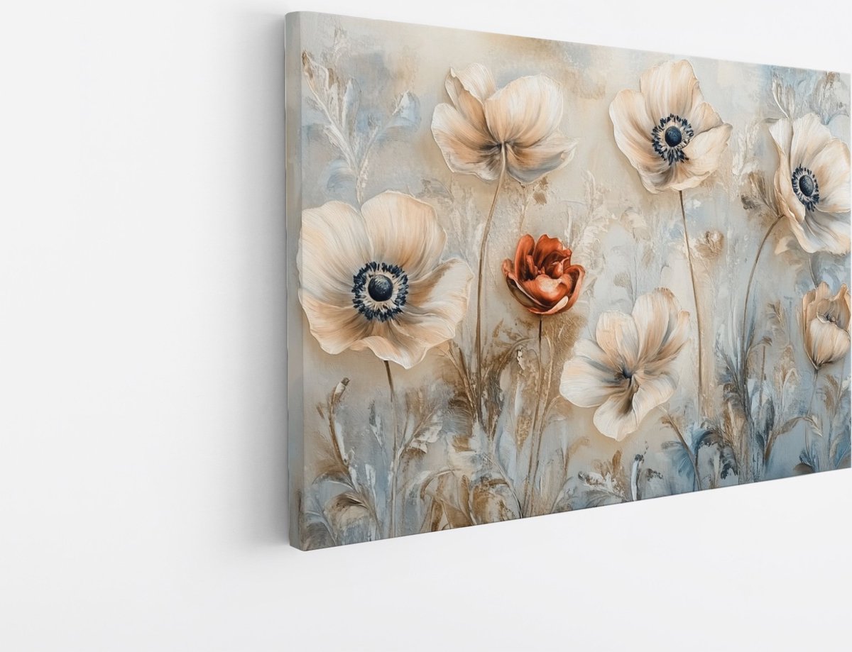 Saammp Canvas Schilderij - Anemonen Bloemen in Neutrale Tinten - Bloemenkunst - Foto op canvas - Elegante Wanddecoratie - Landelijk Interieur - 70x50 Multicolor