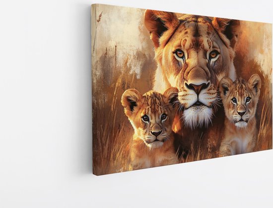 Saammp Canvas Schilderij - Leeuwin met 2 welpen - Dieren - Abstract - 120x80 - Foto op canvas - Wanddecoratie - Muurdecoratie Woonkamer - Slaapkamer decoratie - Canvas Print