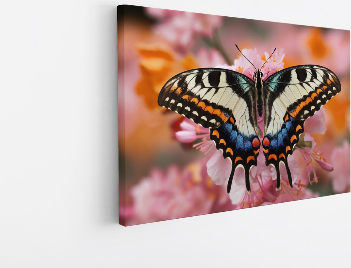Saammp Canvas Schilderij -Kleurrijke Vlinder - Bloemen - Dieren - 100x75 - Foto op canvas - Wanddecoratie - muurdecoratie Woonkamer - Slaapkamer decoratie - Canvas Print Multicolor