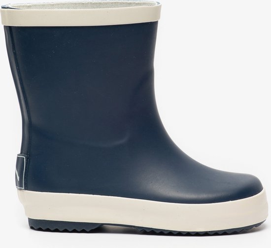 Botte de pluie bleu foncé avec bordure beige en haut et en bas.