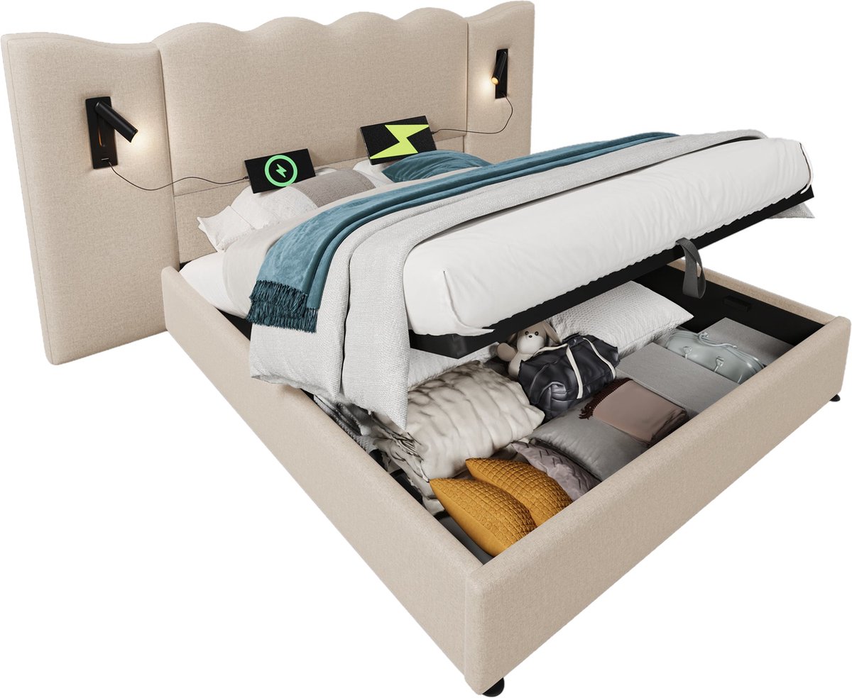 Merax Tweepersoonsbed 180x200 cm met Leeslamp en Hydraulisch Opbergruimte - Bed met USB Ty