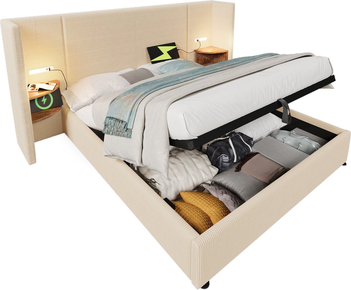 Merax Tweepersoonsbed 180x200 cm met Nachtkastjes in Groot Gestreept Hoofdbord – Gestoffee
