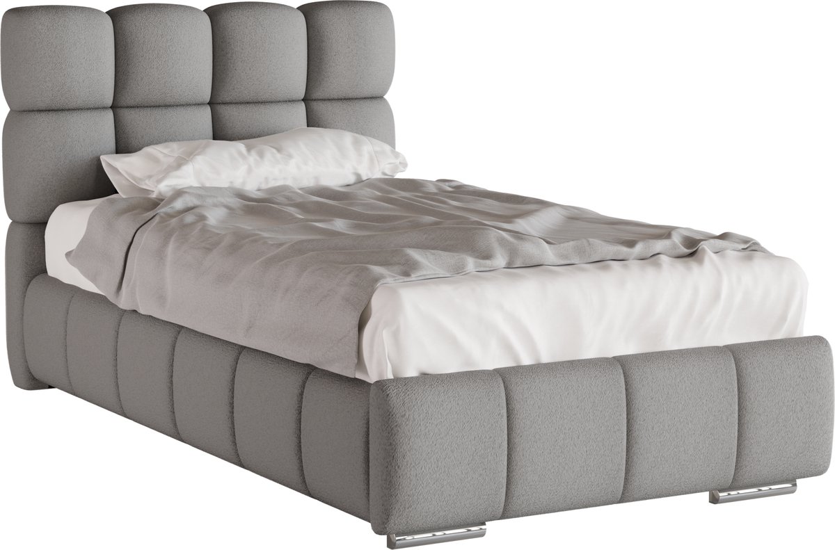 Homesy The Essence of Comfort GEPOLSTERD BED Bliss 100 x 200 cm met opbergruimte, lattenbodem en Pocketveringmatras H3 (19 cm hoog) Grijs