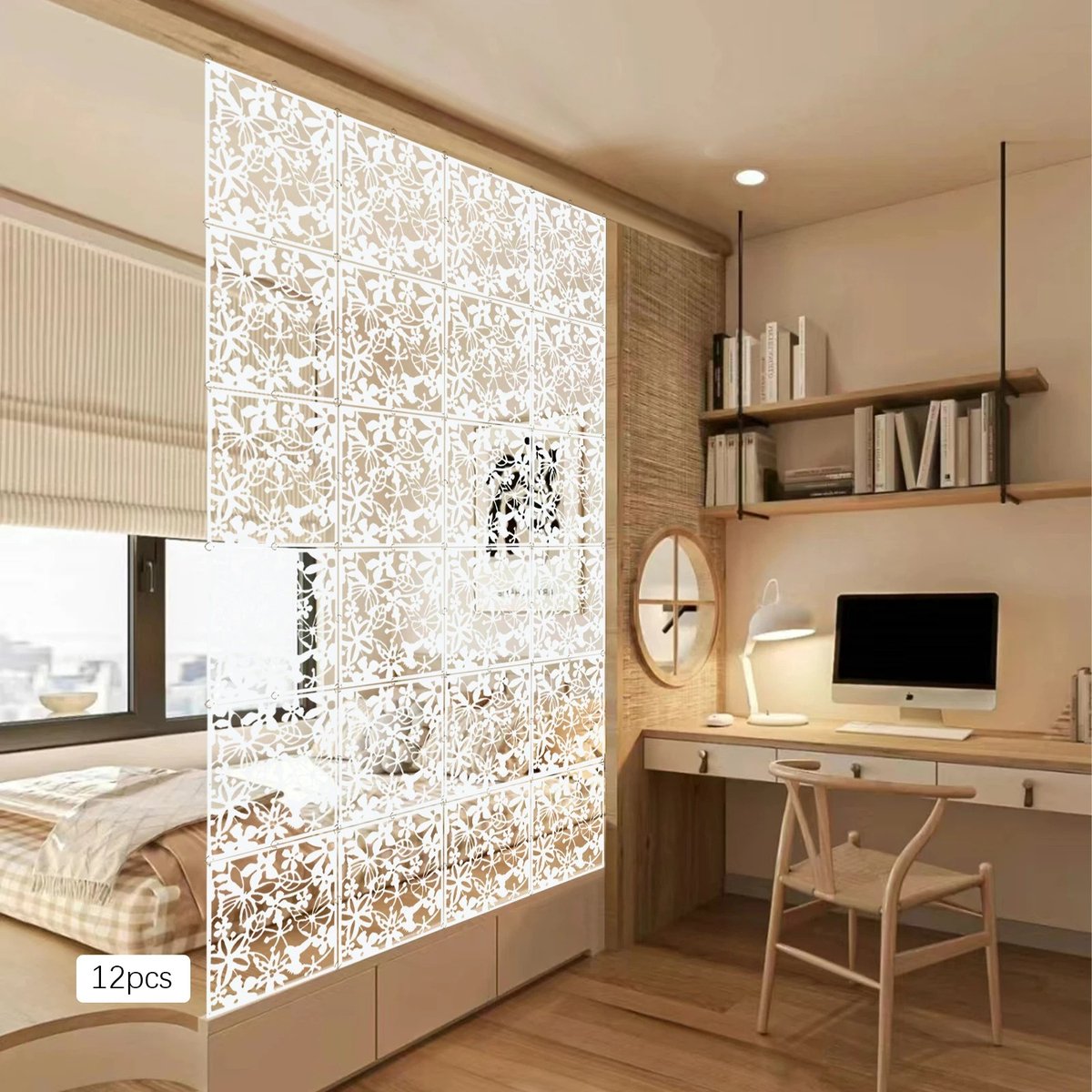 Whoopr® 12-Delig Kamer Scheidingsscherm - Kamerscherm 12 stuks - Wandpanelen - Decoratie - Wanddecoratie voor Woonkamer, Slaapkamer of Kantoor - 40x40 cm per paneel Wit