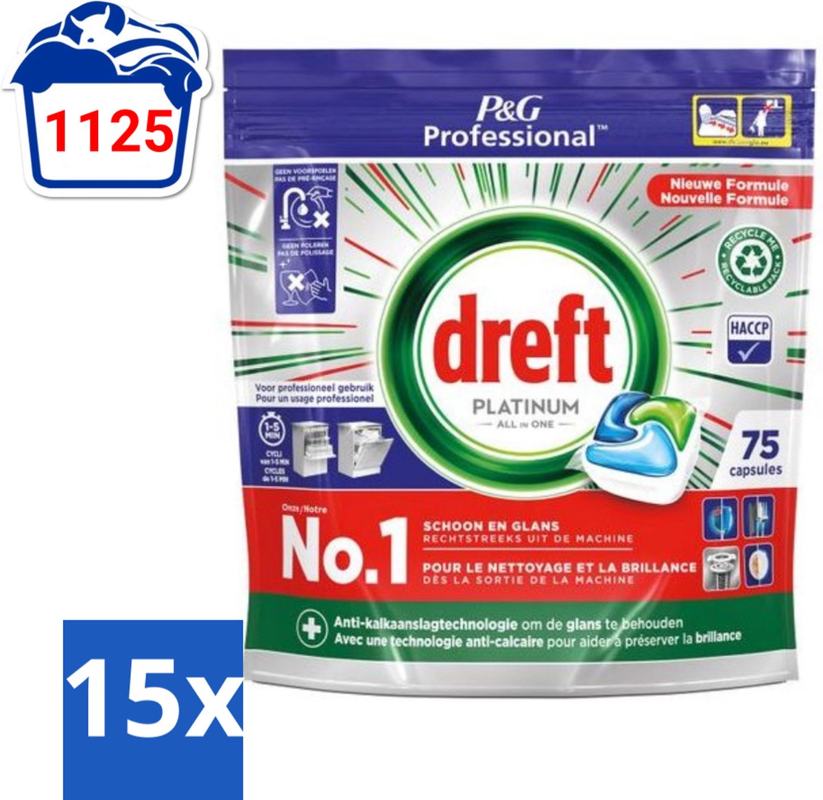 15 x Dreft Professional - Platinum - All In One - Vaatwascapsules - 75 Afwasbeurten - Vaatwassen - Vaatwasser Reinigen - Vaatwassen Capsules - Vaatwassen Kracht - Vaatwassen Glans
