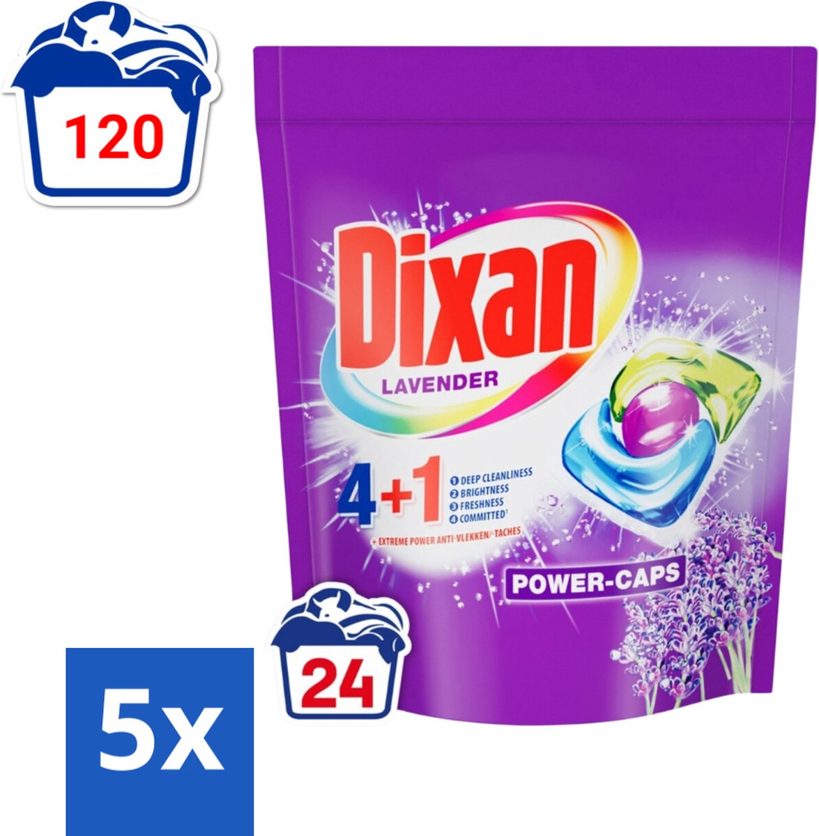 5 x Dixan Power Caps - Wasmiddelcapsules en Vlekverwijderaar - Extreme Power - Gekleurde Was - Lavendel - 24 Wasbeurten - Wasmiddelcapsules - Vlekverwijderaar - Gekleurde Was - Lavendel - Wasbeurt