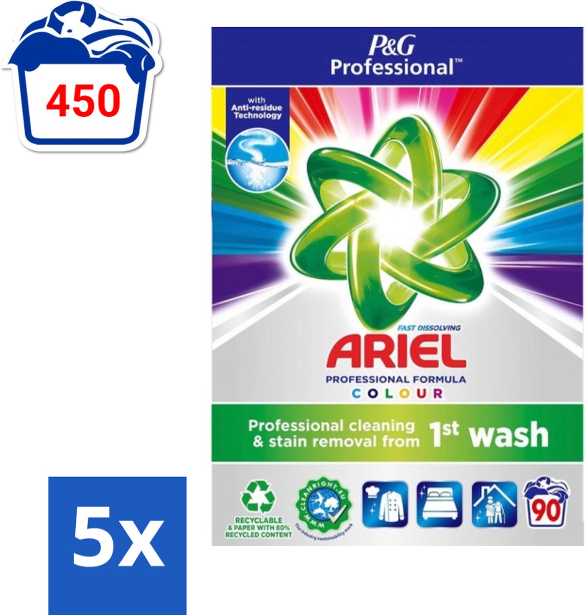5 x Ariel Professional - Waspoeder - Gekleurde Was - 90 Wasbeurten - Waspoeder Kleur - Waspoeder Voor Gekleurde Kleding - Waspoeder Voor Professionals - Waspoeder 90 Wasbeurten - Waspoeder 5 Sterren Reiniging