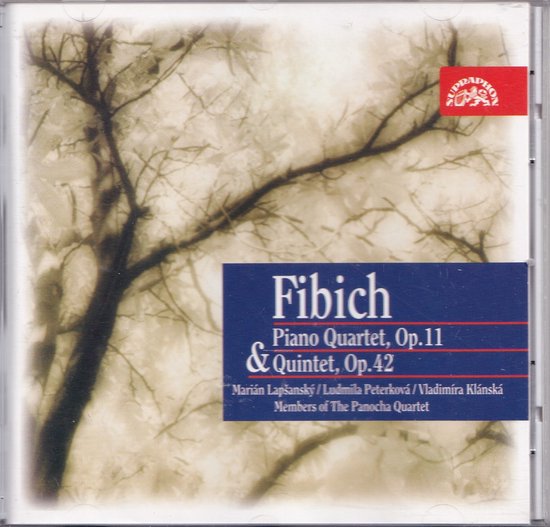 CD-hoes met een artistieke boomtak voor een vervaagd, wervelend patroon. Rechtsboven een rood logo met 'Supraphon'. Centraal een blauw label met 'Fibich', 'Piano Quartet, Op.11 & Quintet, Op.42' en namen van musici.
