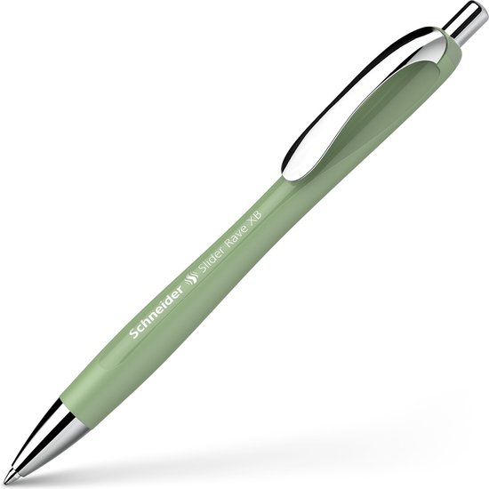 Lichtgroene Schneider Slider Rave balpen met blauwe inkt en clip.