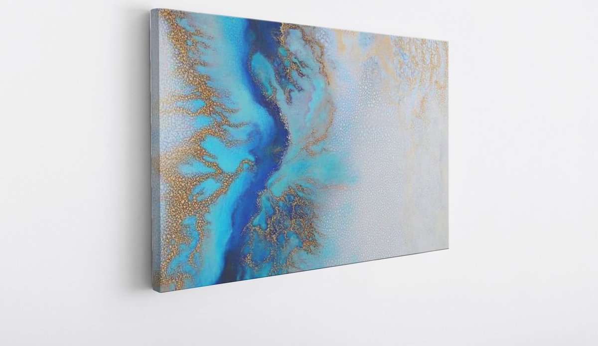 Saammp Canvas Schilderij - Goud - Blauw - Abstract - 30x20 - Foto op canvas - Wanddecoratie - Muurdecoratie Woonkamer - Slaapkamer decoratie - Canvas Print Multicolor