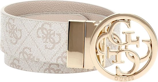 Gebogen off-white riem met herhalend logo patroon en grote gouden GUESS gesp.