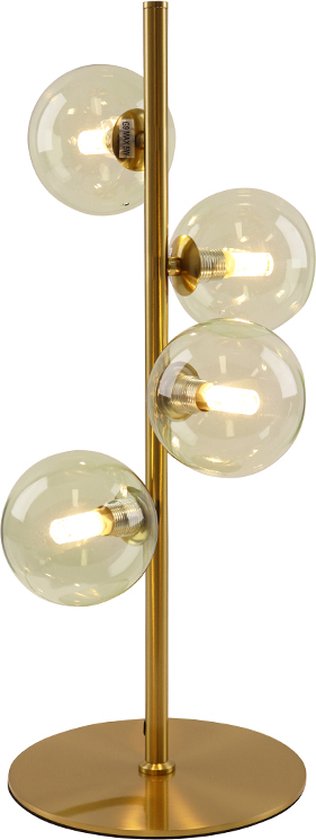 Lampe sur pied dorée avec quatre sphères en verre vert clair placées côte à côte sur le support.