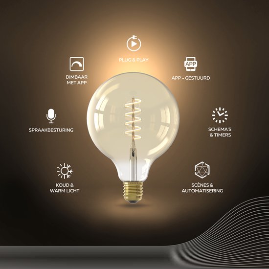 Lampe LED intelligente Calex - Set de 3 - E27 - Siècle des Lumières Wifi - Filament spiralé - Globe 12,5 cm - Source lumineuse Smart Goud - Dimmable - Lumière Wit chaude - 7 W