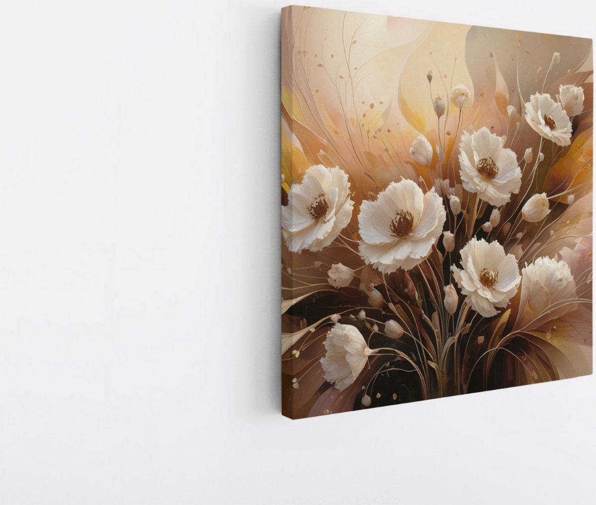Saammp Canvas Schilderij - Witte bloemen - Abstract - 100x100 - Foto op canvas - Wanddecoratie - Muurdecoratie Woonkamer - Kantoor Decoratie Multicolor