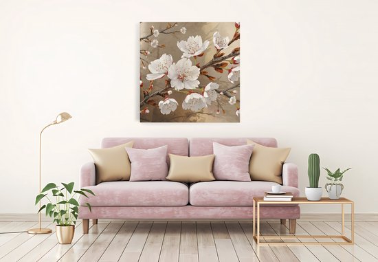 Saammp Canvas Schilderij - Lente Bloesem Tak - Natuur - Abstract - 40x40 - Foto op canvas - Wanddecoratie - Muurdecoratie Woonkamer - Kantoor Decoratie