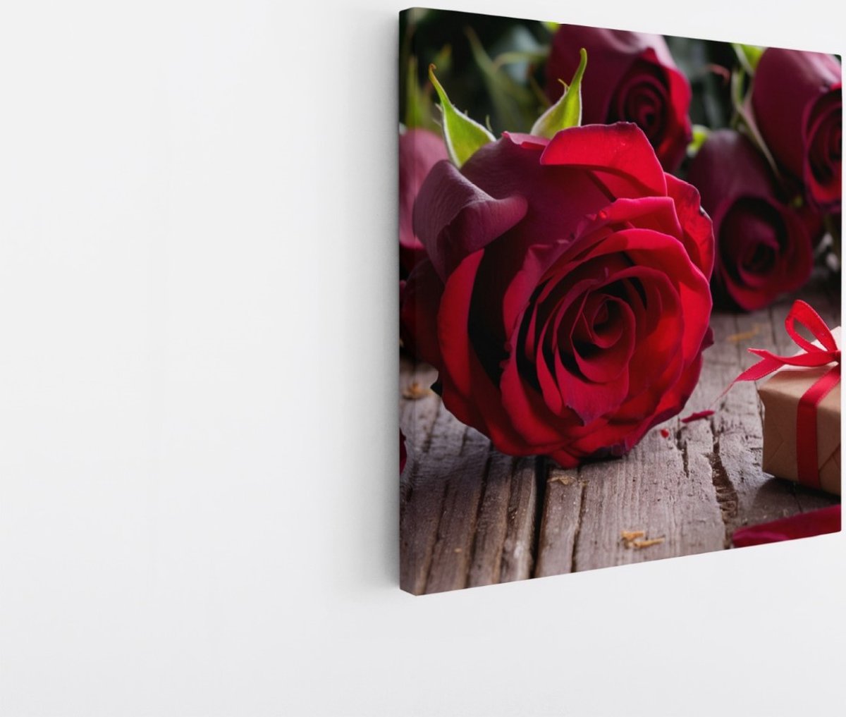 Saammp Canvas Schilderij - Abstracte Rode Rozen met Cadeau - Tijdloos - Abstract - 40x40 - Foto op canvas - Wanddecoratie - Muurdecoratie Woonkamer - Kantoor Decoratie Multicolor