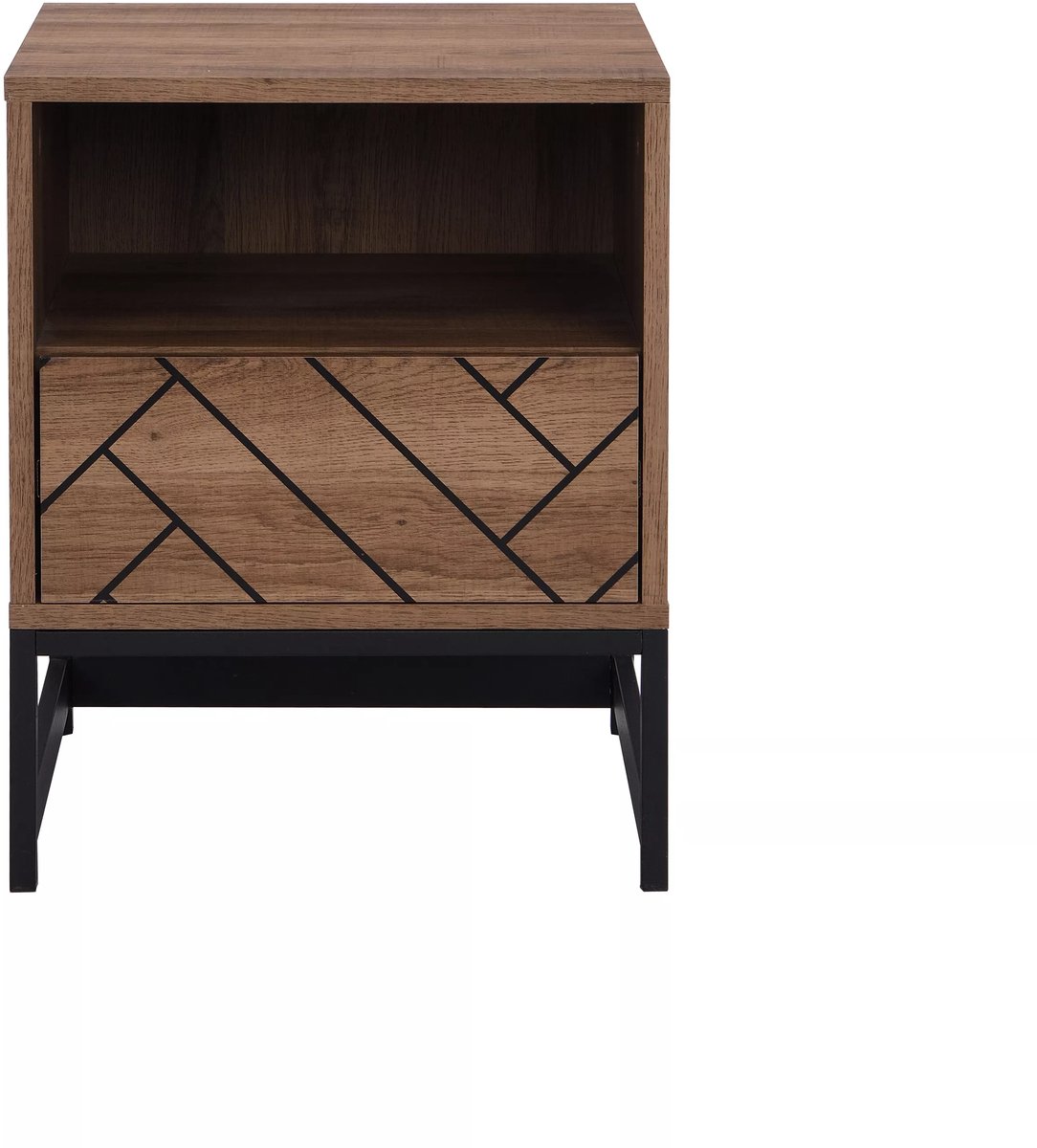Vente-unique Nachtkastje - 1 lade en 1 nis - MDF en staal - Naturel en zwart - CARATANA Natuurlijk donker