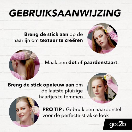 Stappenplan voor Got2b Glued wax stick, met foto's van een vrouw die haar aanbrengt.