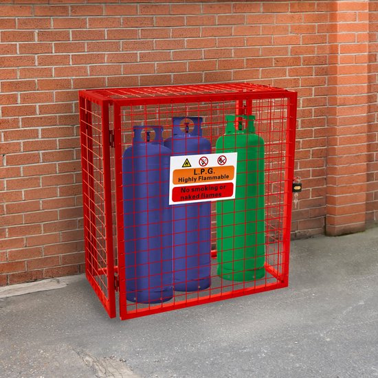Gasflessenkooi 90cm x 80cm x 43cm Opvouwbaar Rood Gaas Veilige Afsluitbare Opslag Poedergecoat Gegalvaniseerd Staal 3mm Draaddikte 2 x 19kg Gasflessen GRATIS Waarschuwingsbord Hangslots & Sleutels van Fineway — afbeelding 3