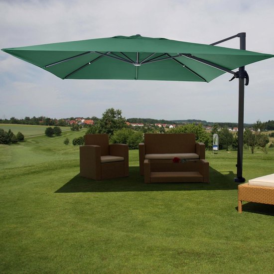 Zweefparasol MCW-A96, parasol 3x3m (Ø4.24m) polyester aluminium/staal 23kg ~ donkergroen zonder voet, draaibaar