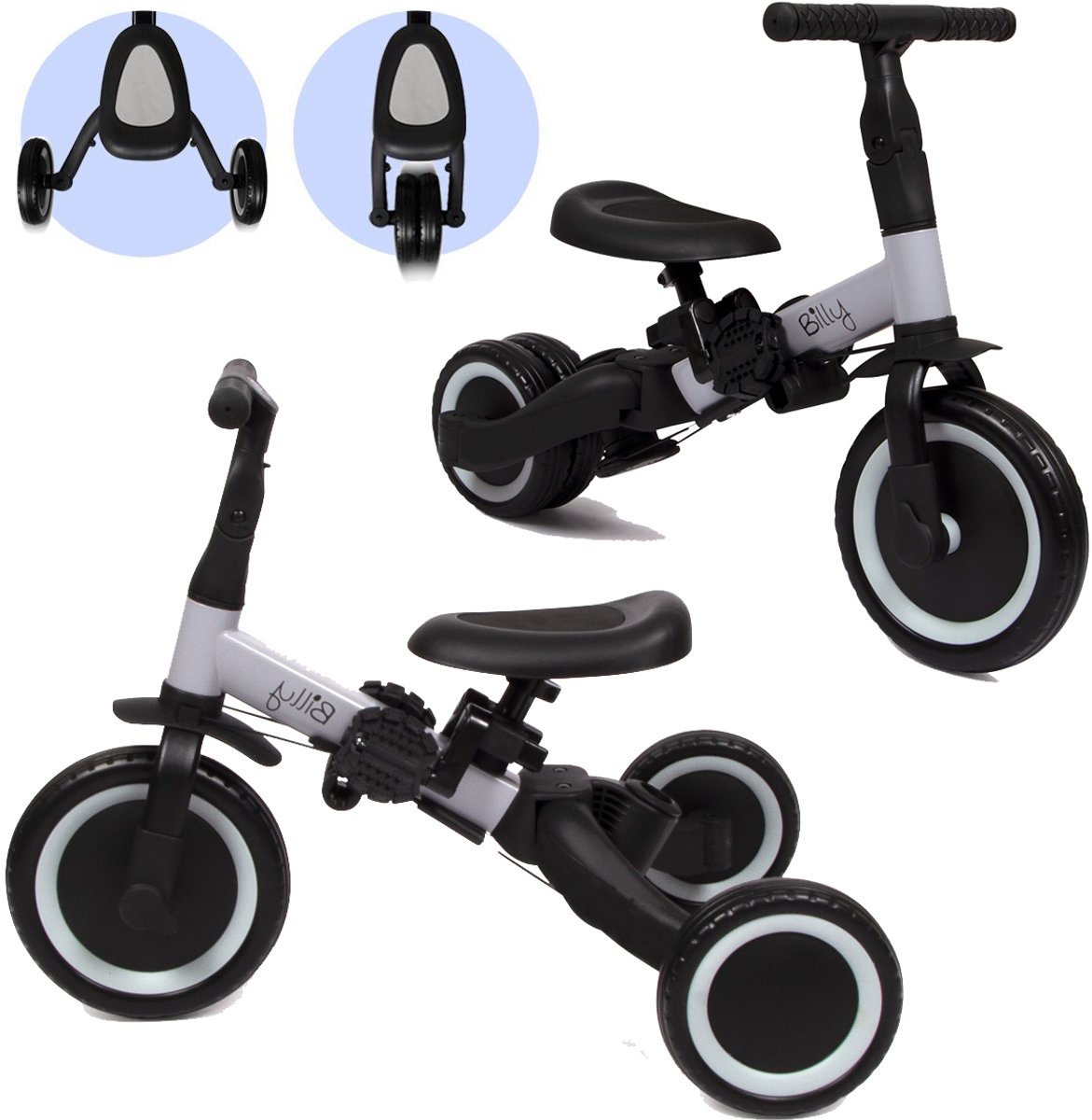Billy 4 in1 Driewieler met duwstang - Loopfiets - Kinderfiets - Balance Bike - Gio - Zwart-Grijs — afbeelding 3