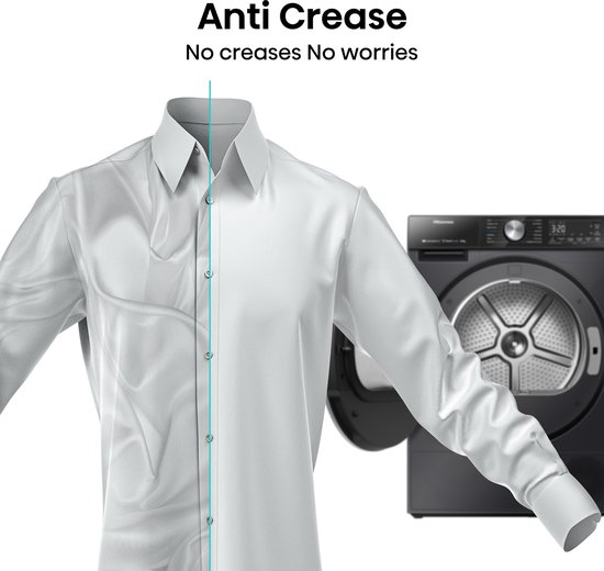 Anti Crease-functie; wit overhemd half glad, half gekreukt, met op de achtergrond een Hisense droger.
