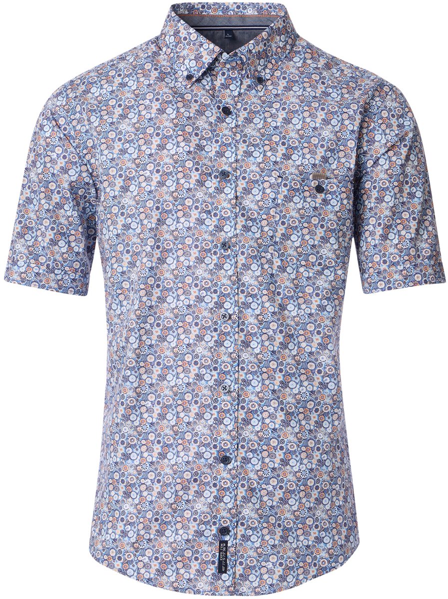 CASA MODA Sport casual fit overhemd - korte mouw - popeline - blauw - wit en beige dessin
