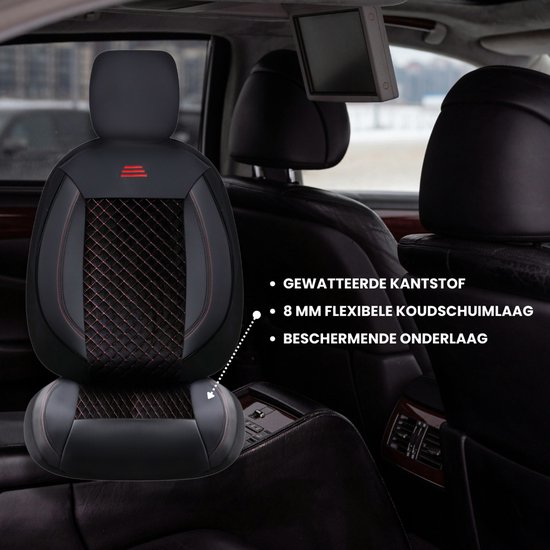 Housses de siège de voiture pour Volkswagen T-Roc 2017 sur mesure| Ensemble de 2 pièces | Siège conducteur + passager série AIS | AIS101 | Zwart avec coutures rouges