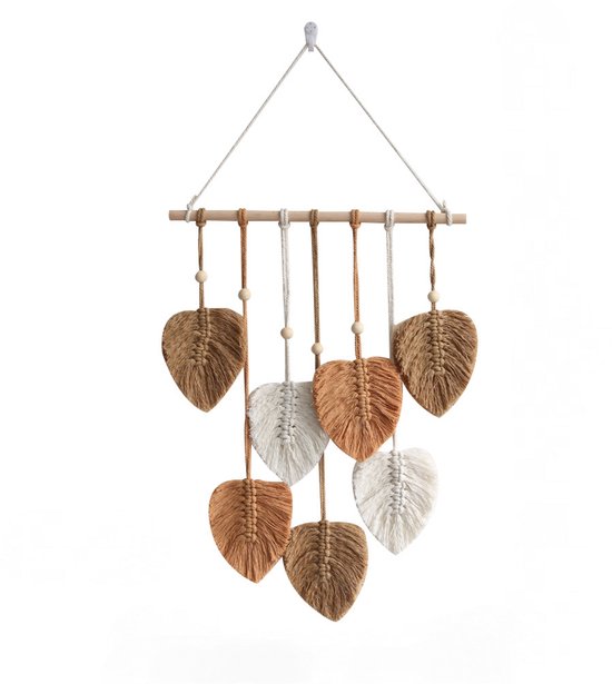 Tapisserie murale - Tapisserie murale bohème - Tapisserie murale à feuilles - Tapisserie murale Boho - Décoration murale - Tapisserie murale pour chambre à coucher - Kaki - Décoration murale en tissu - Corde en coton - 80 x 40 cm