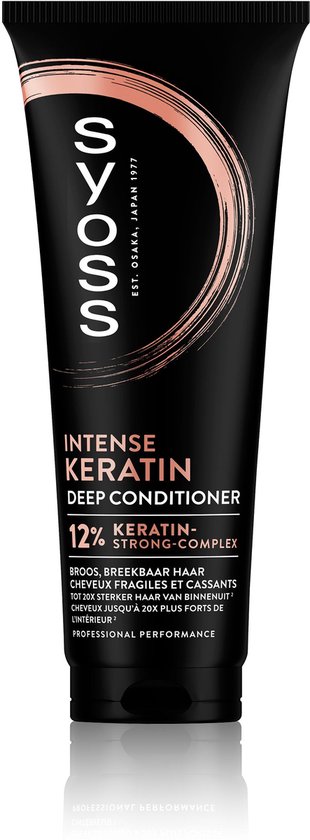Tube noir Syoss Intense Keratin Deep Conditioner avec accent cercle rose.