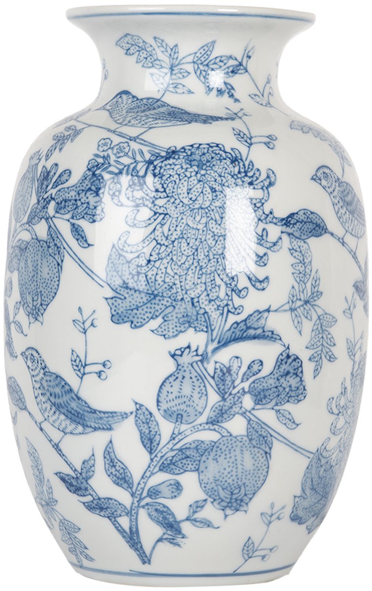 Clayre & Eef Vaas Ø 14x23 cm Wit Blauw Keramiek Vogels op Takken