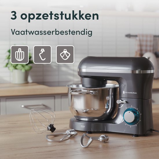 KitchenBrothers Keukenmachine - Keukenrobot - 6,2L Mengkom - Keukenmixer - 1400W - Antraciet van KitchenBrothers — afbeelding 4