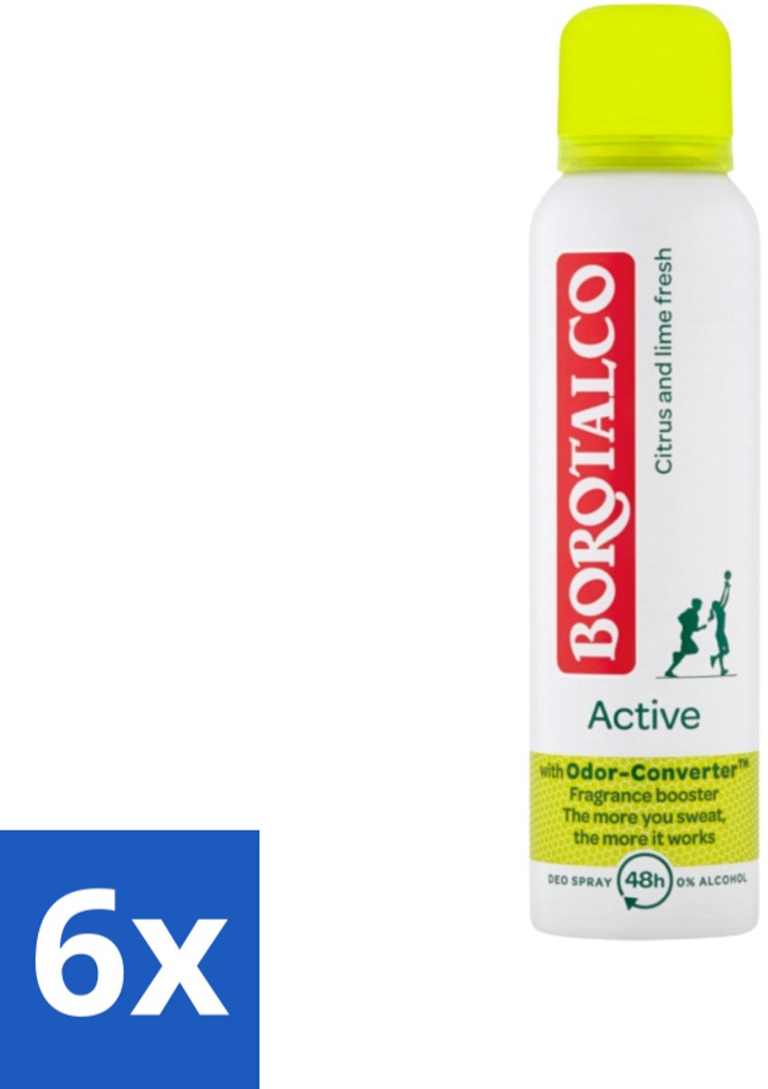 Borotalco - Deodorant Spray - Active - Citrus & Lime Fresh - 0% Alcohol - 150 ml - Voordeelverpakking - 6 stuks